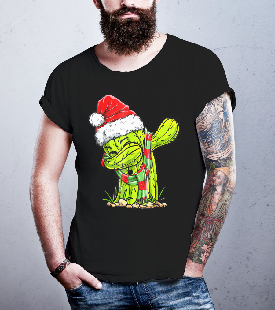 Dabbing Cactus Santa Christmas Hat And Scarf T-Shirt