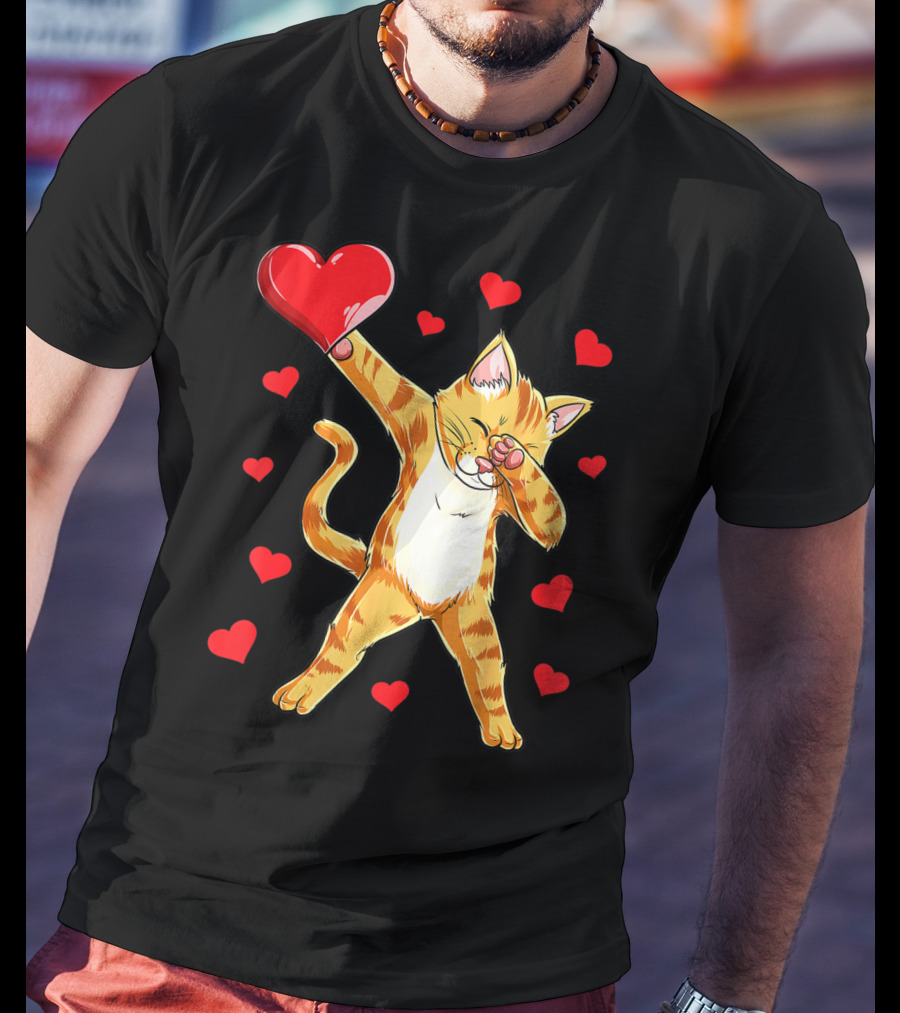 Cute Dabbing Cat With Hearts For Valentine's Day Kitten Lovers T-Shirt