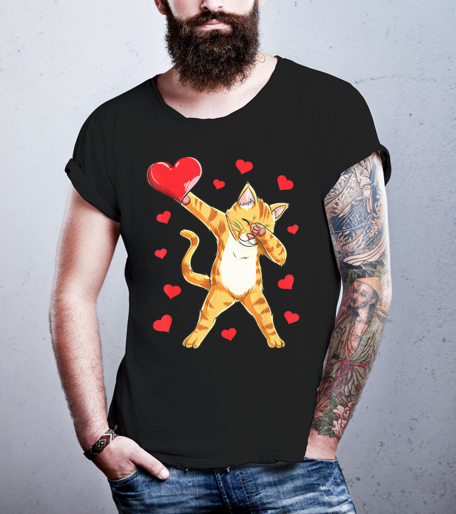 Cute Dabbing Cat With Hearts For Valentine's Day Kitten Lovers T-Shirt