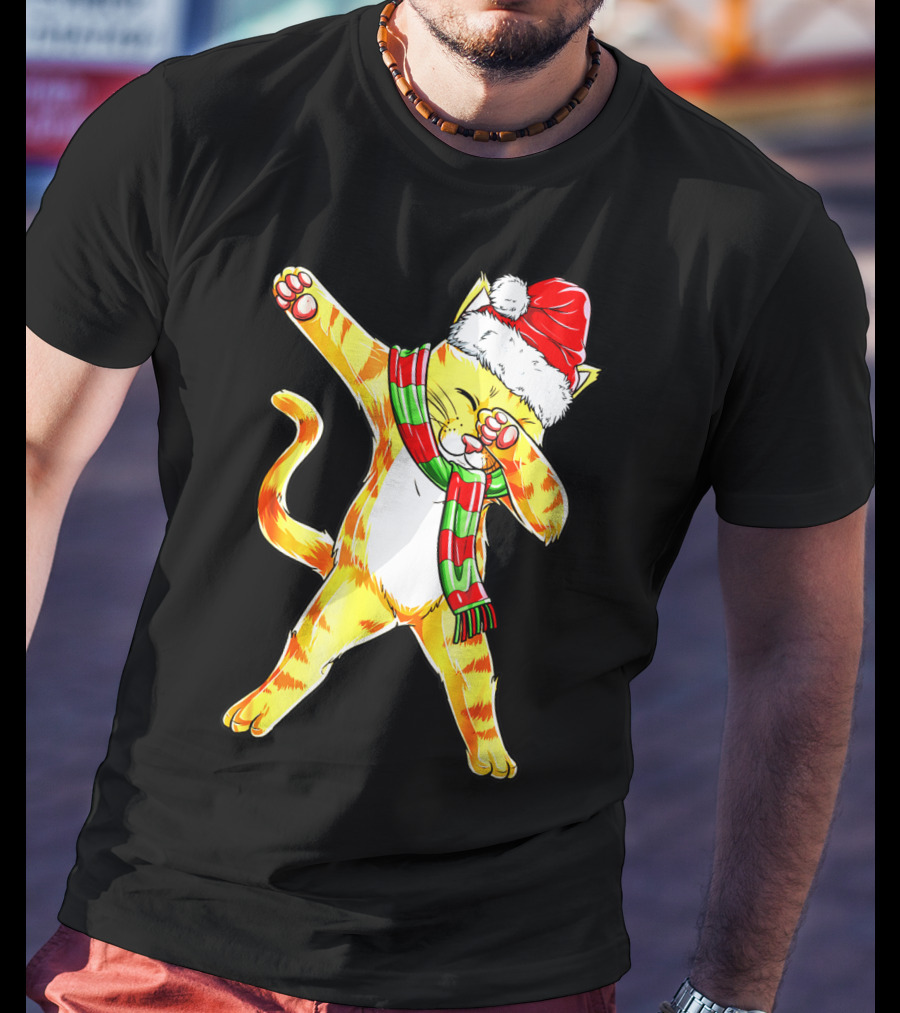Dabbing Cat Santa With Festive Hat And Scarf T-Shirt