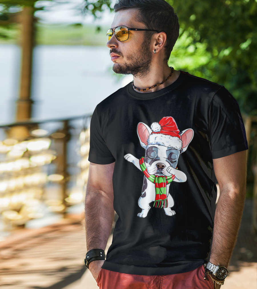 Dabbing French Bulldog Santa Christmas Scarf T-Shirt