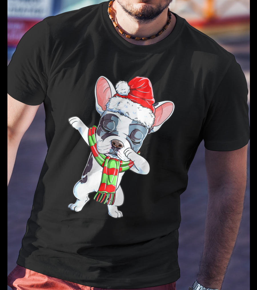 Dabbing French Bulldog Santa Christmas Scarf T-Shirt