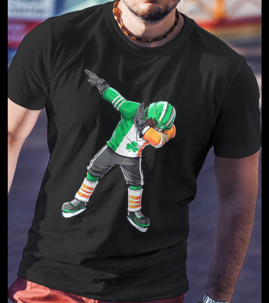 St Patricks Day Ireland Flag Dabbing Hockey Player Irish Shamrock T-Shirt