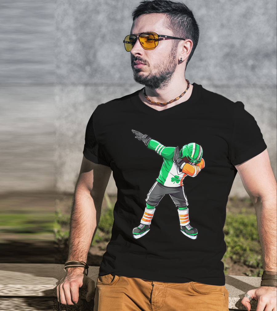 St Patricks Day Ireland Flag Dabbing Hockey Player Irish Shamrock T-Shirt