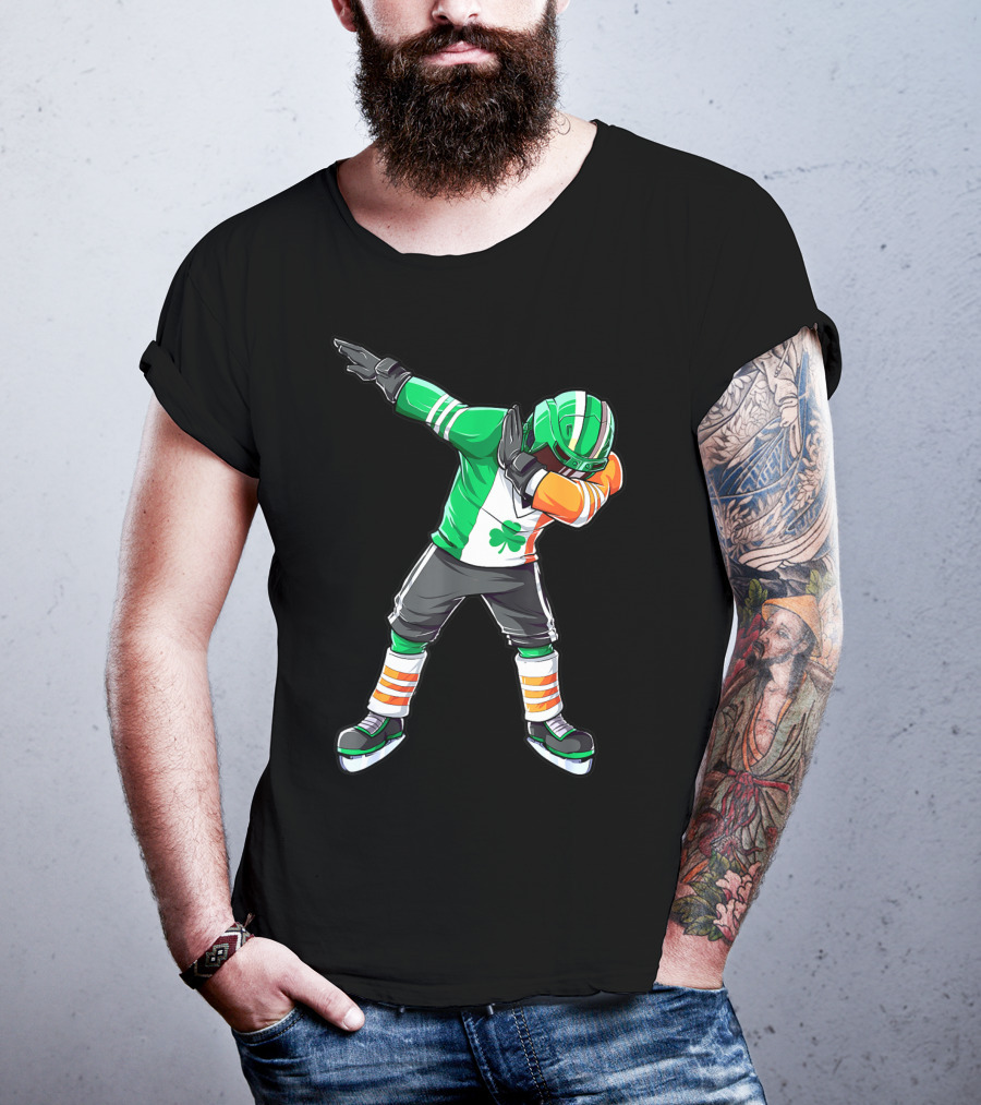 St Patricks Day Ireland Flag Dabbing Hockey Player Irish Shamrock T-Shirt