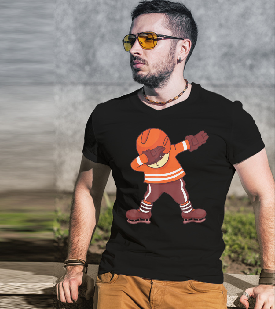 Dabbing Ice Hockey Player In Orange Gear With Striped Legs T-Shirt