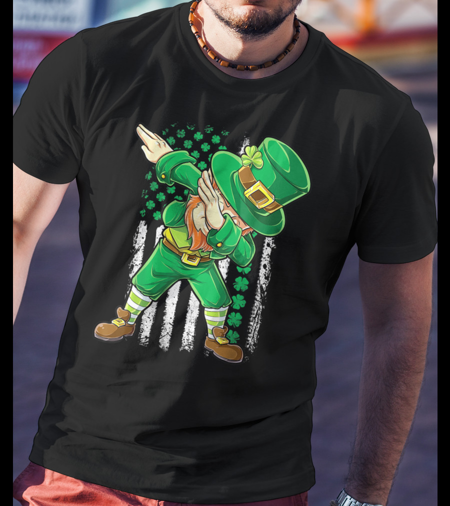Dabbing Leprechaun With Irish American Flag Background And Shamrocks T-Shirt
