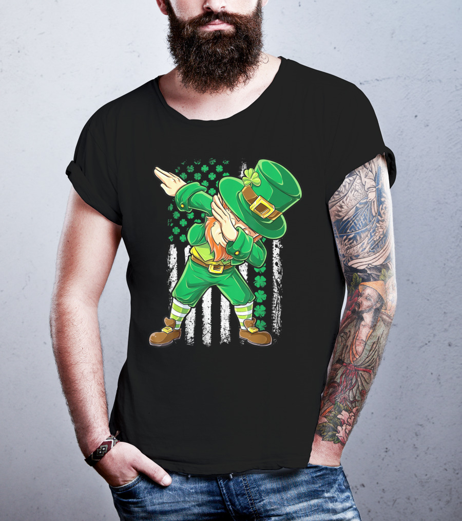 Dabbing Leprechaun With Irish American Flag Background And Shamrocks T-Shirt