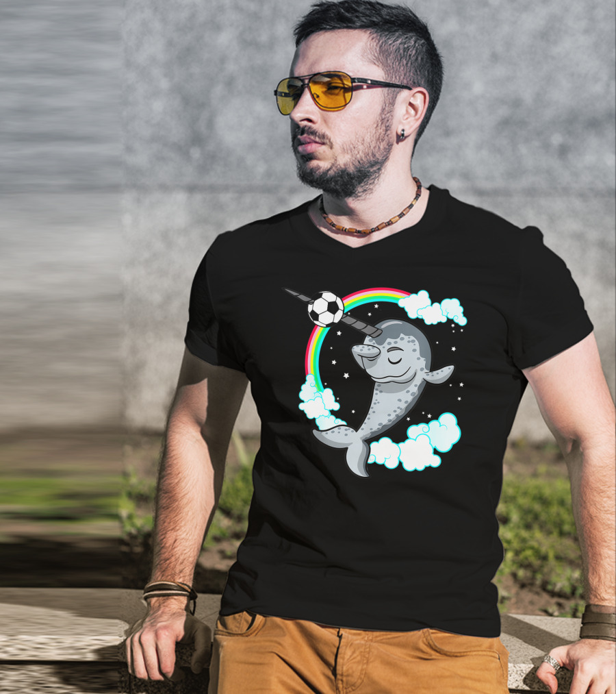 Dabbing Narwhal Soccer Rainbow Clouds Stars T-Shirt