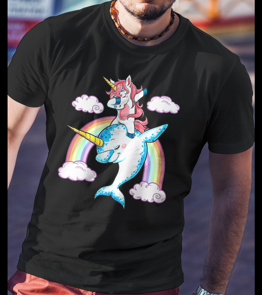 Dabbing Narwhal Unicorn Kids Rainbow Clouds Dab Squad T-Shirt