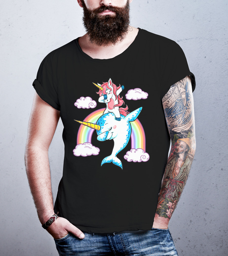Dabbing Narwhal Unicorn Kids Rainbow Clouds Dab Squad T-Shirt