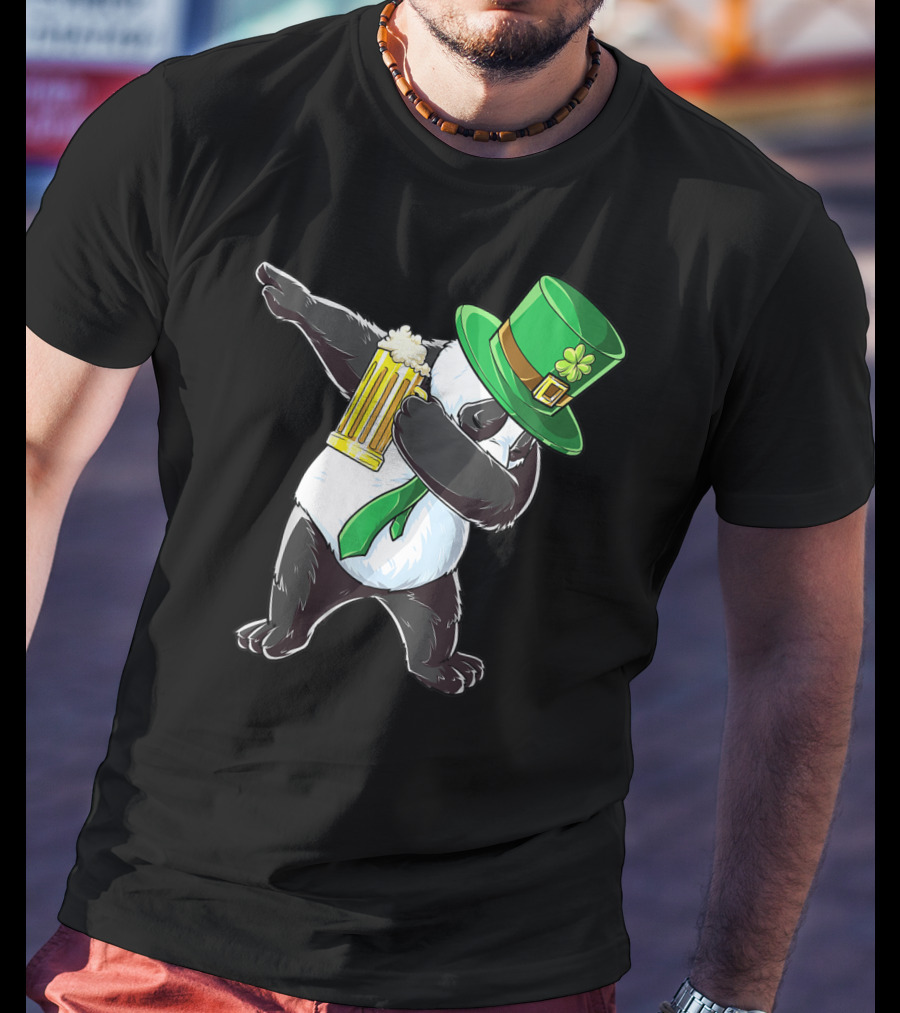Dabbing Panda With Green Leprechaun Hat And Beer T-Shirt