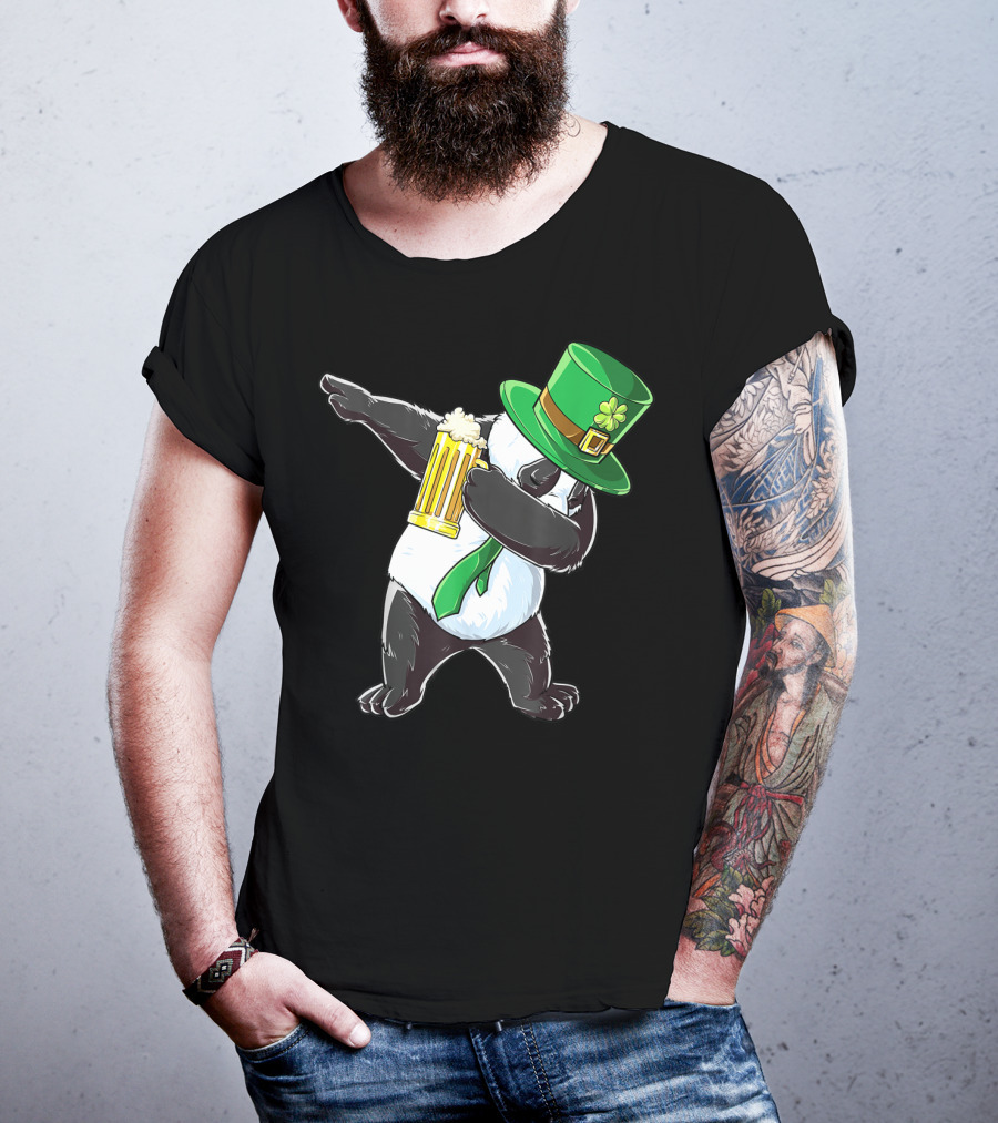 Dabbing Panda With Green Leprechaun Hat And Beer T-Shirt