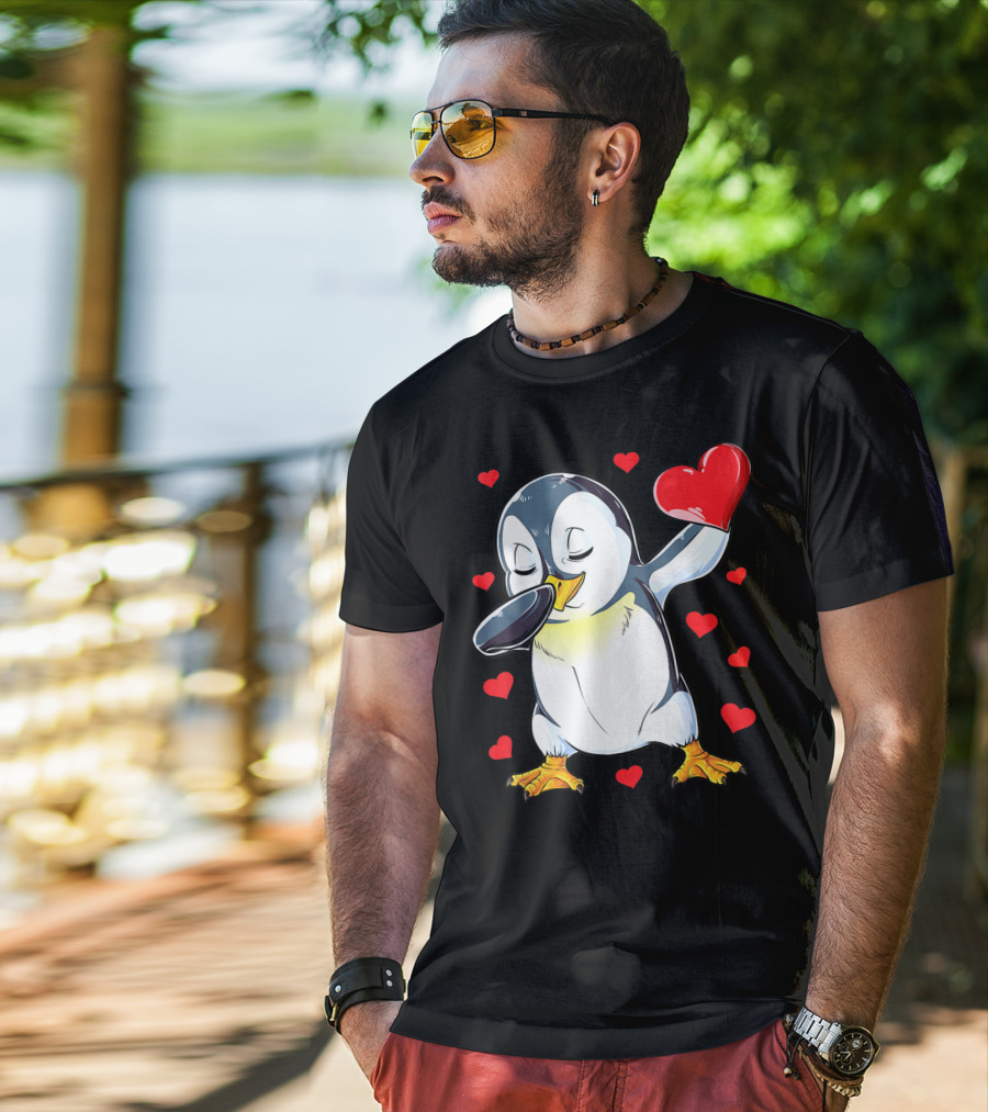 Dabbing Penguin Holding Heart Surrounded By Valentine Hearts T-Shirt