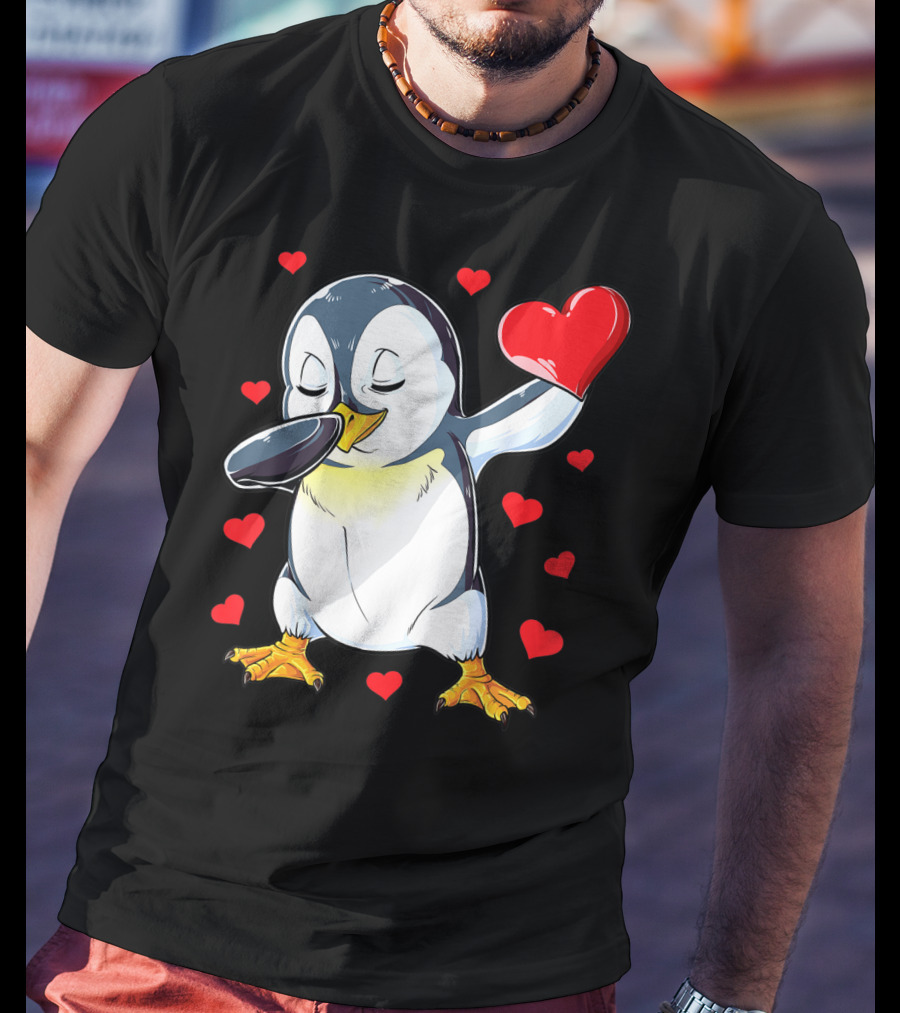 Dabbing Penguin Holding Heart Surrounded By Valentine Hearts T-Shirt