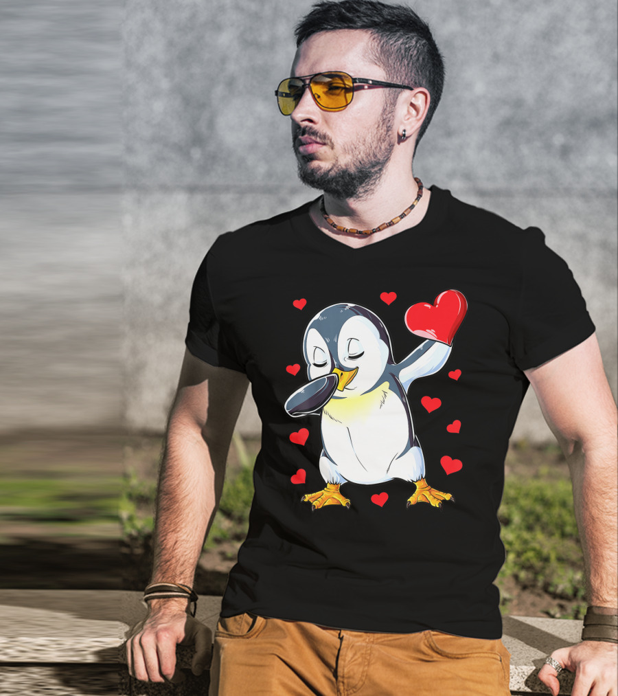 Dabbing Penguin Holding Heart Surrounded By Valentine Hearts T-Shirt