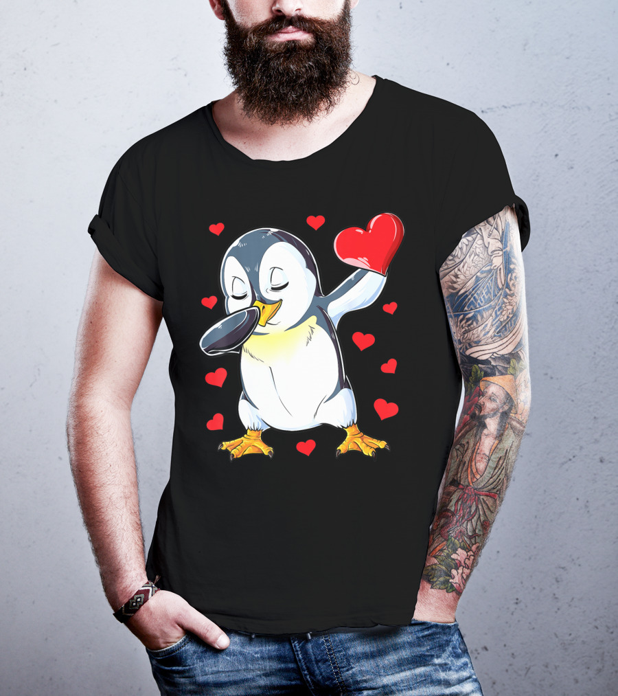 Dabbing Penguin Holding Heart Surrounded By Valentine Hearts T-Shirt
