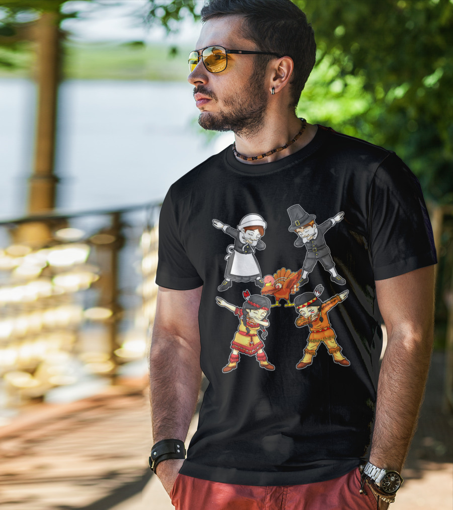 Dabbing Pilgrim And Native American Characters With Turkey T-Shirt