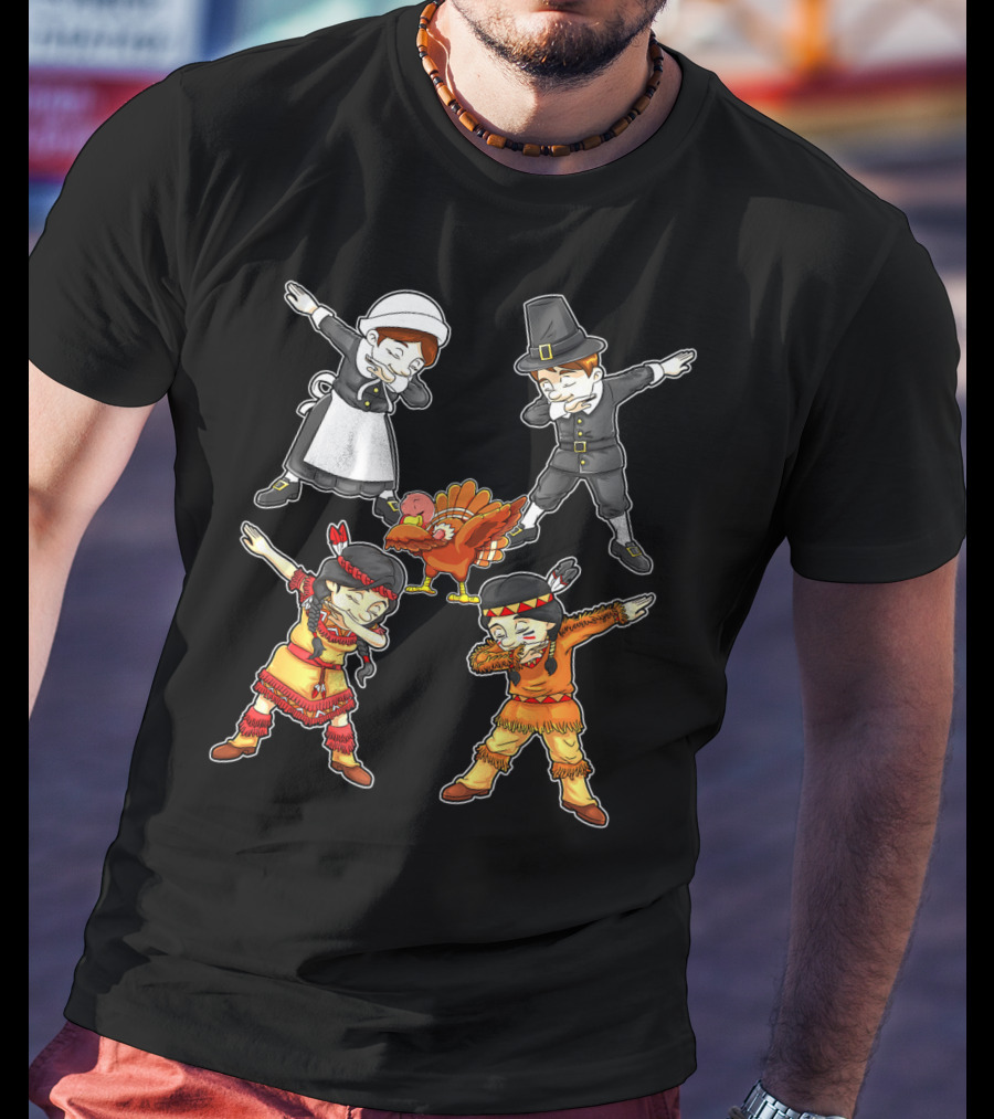 Dabbing Pilgrim And Native American Characters With Turkey T-Shirt