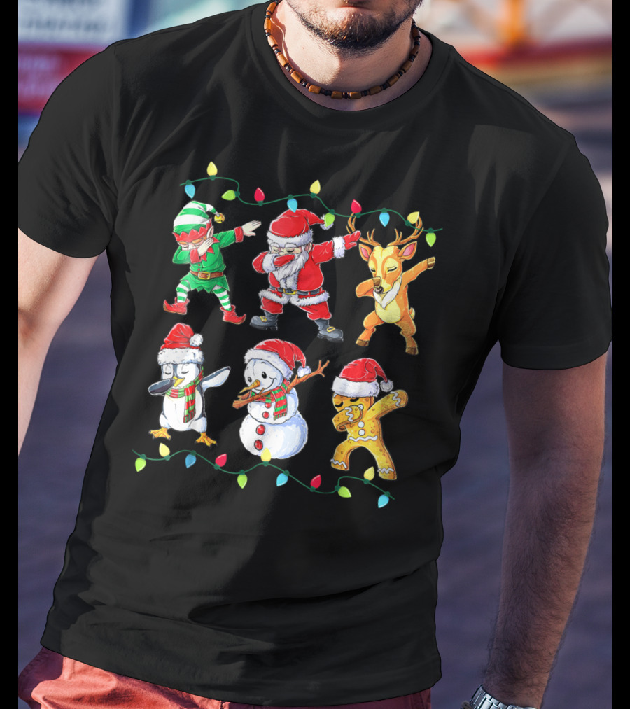 Santa Elf Reindeer Snowman Penguin Gingerbread Dabbing Friends T-Shirt