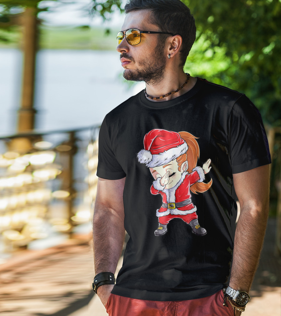 Dabbing Santa Christmas Girls Red Suit White Fur Black Boots T-Shirt