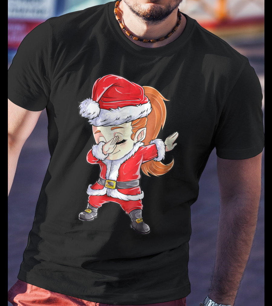 Dabbing Santa Christmas Girls Red Suit White Fur Black Boots T-Shirt
