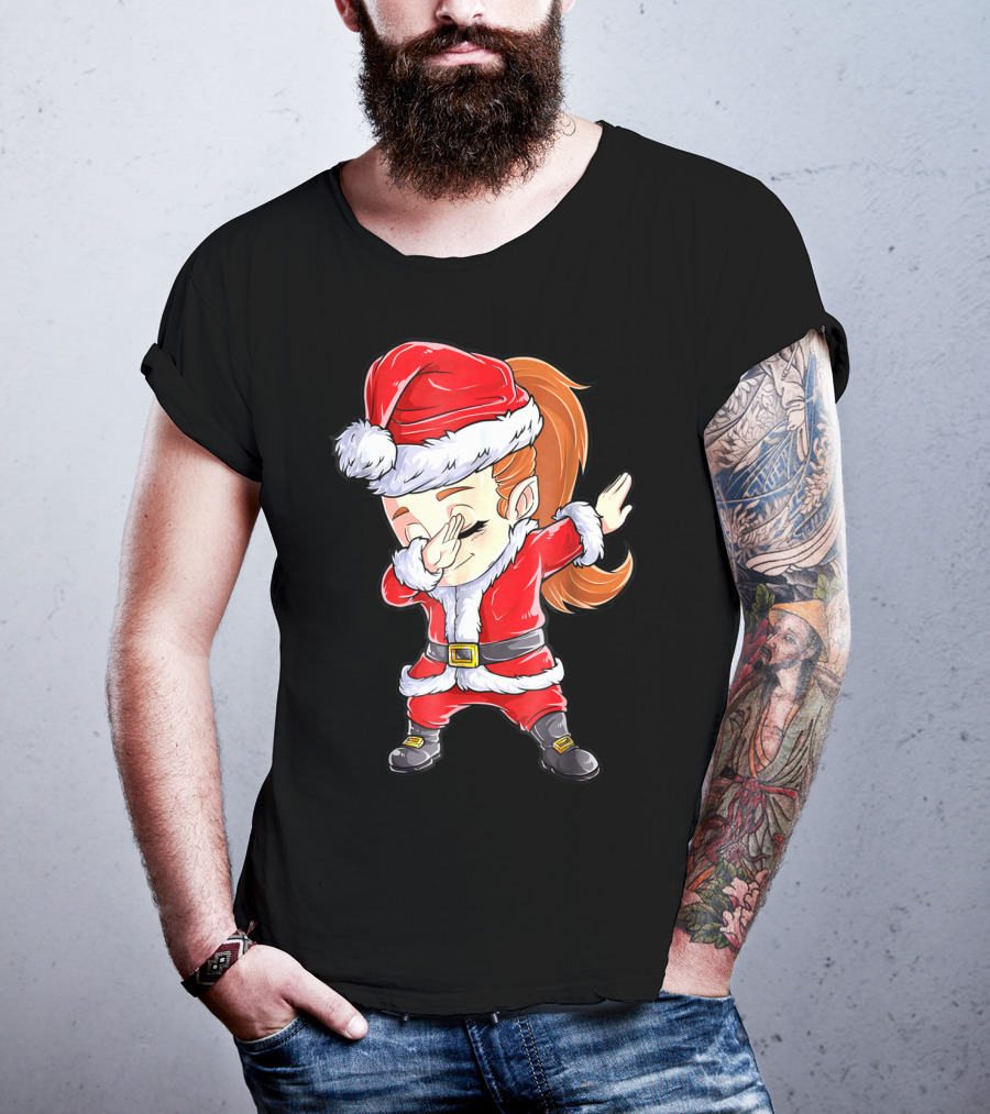 Dabbing Santa Christmas Girls Red Suit White Fur Black Boots T-Shirt