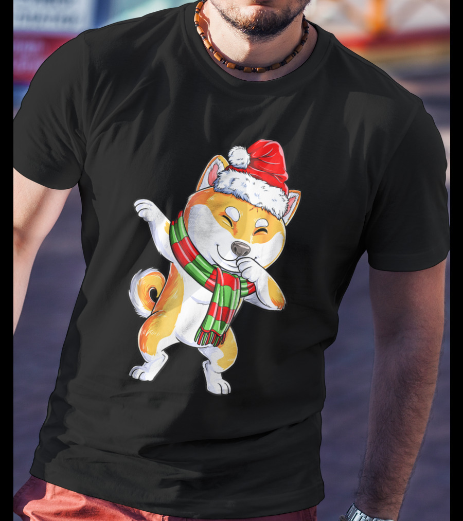 Dabbing Shiba Inu Santa Christmas Scarf Dance T-Shirt
