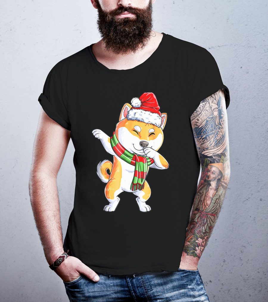 Dabbing Shiba Inu Santa Christmas Scarf Dance T-Shirt