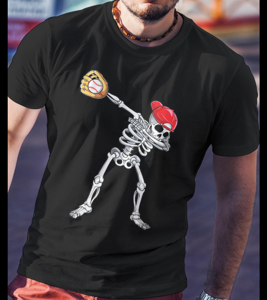 Dabbing Skeleton Baseball Halloween Boys Red Hat T-Shirt