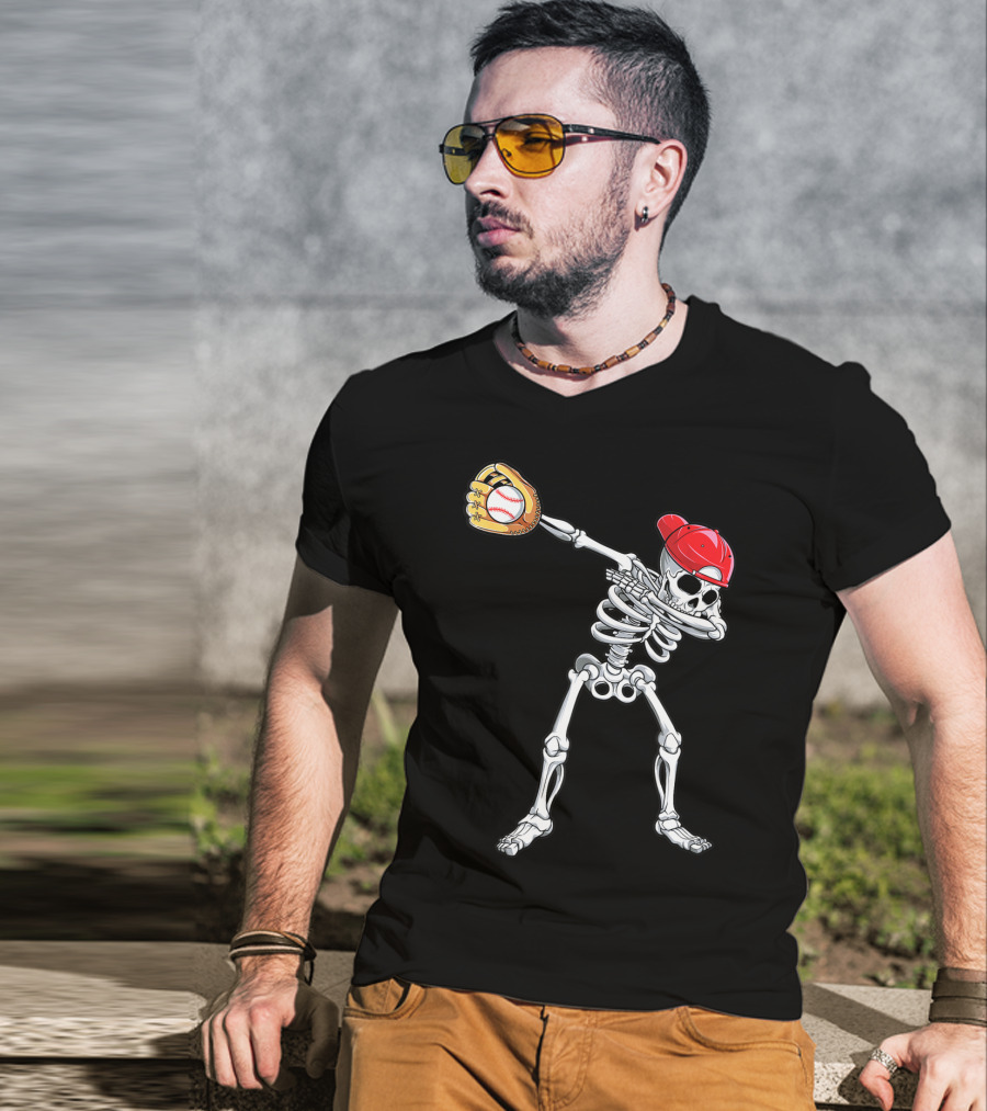 Dabbing Skeleton Baseball Halloween Boys Red Hat T-Shirt