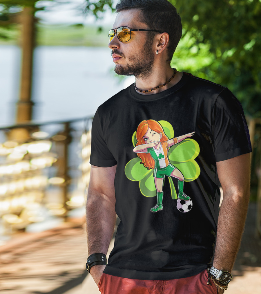 Dabbing Soccer Girl St Patricks Day Irish Shamrock T-Shirt