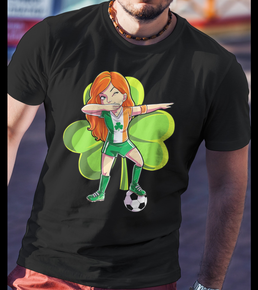 Dabbing Soccer Girl St Patricks Day Irish Shamrock T-Shirt