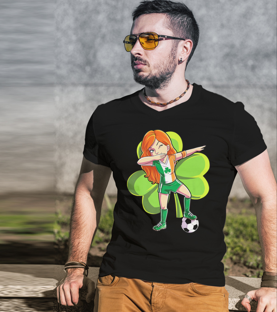 Dabbing Soccer Girl St Patricks Day Irish Shamrock T-Shirt