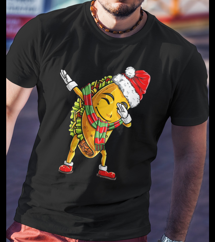 Dabbing Santa Taco With Christmas Hat And Scarf T-Shirt