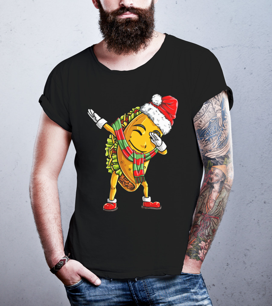 Dabbing Santa Taco With Christmas Hat And Scarf T-Shirt
