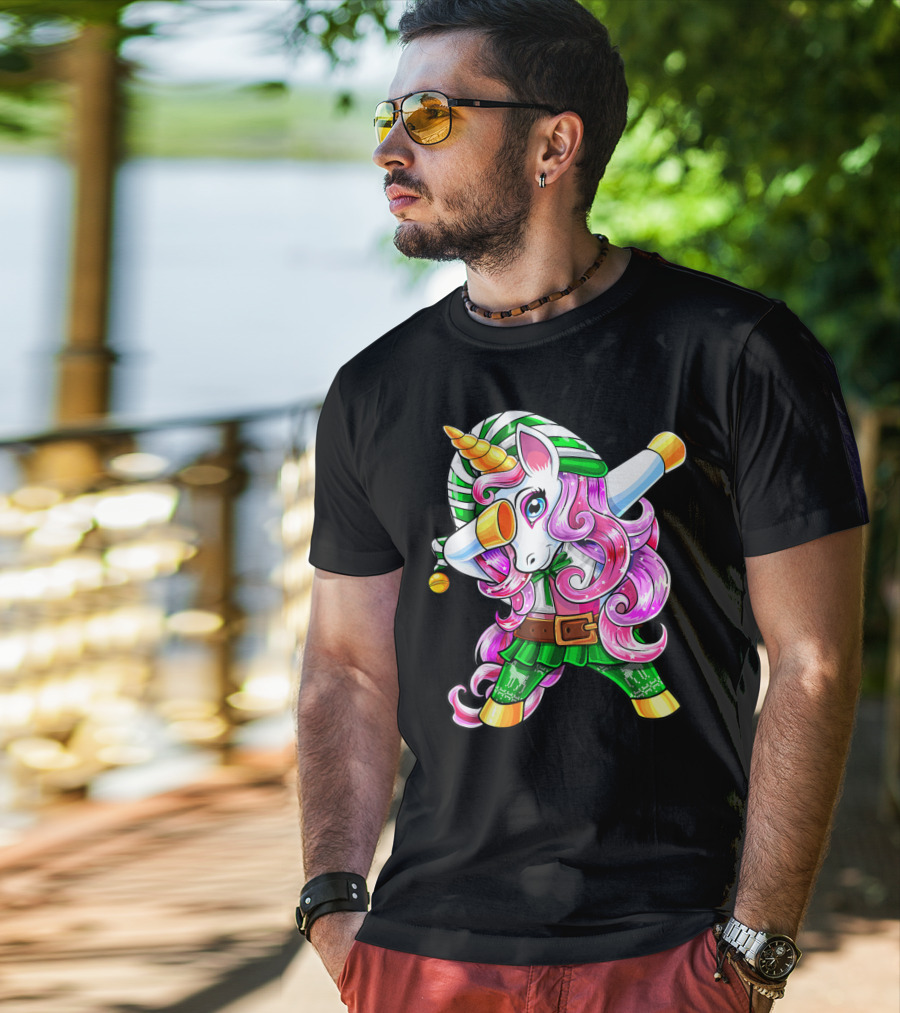 Dabbing Unicorn Christmas Elf Costume Unicorn Girls Pink Hair Green T-Shirt