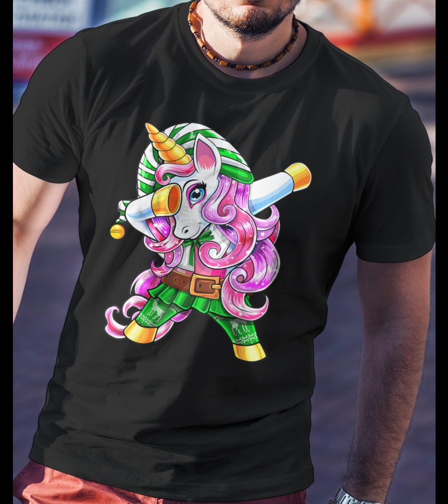 Dabbing Unicorn Christmas Elf Costume Unicorn Girls Pink Hair Green T-Shirt