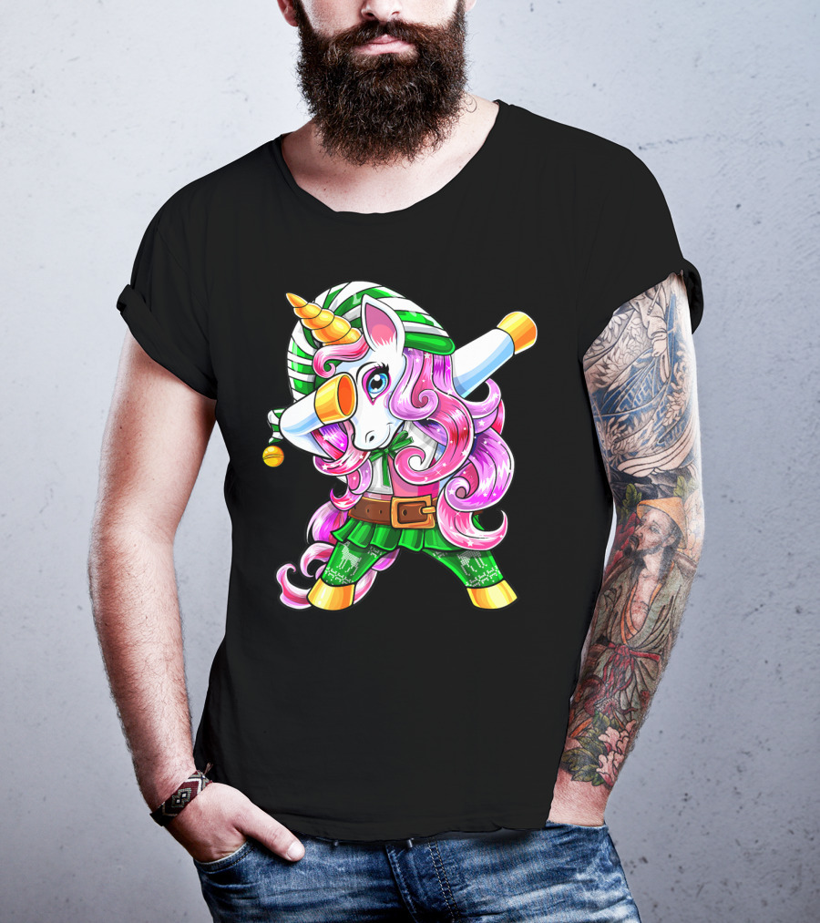 Dabbing Unicorn Christmas Elf Costume Unicorn Girls Pink Hair Green T-Shirt