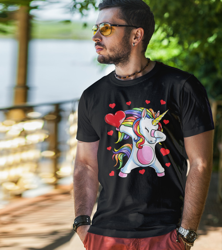 Valentines Day Dabbing Unicorn With Heart And Rainbow Mane T-Shirt