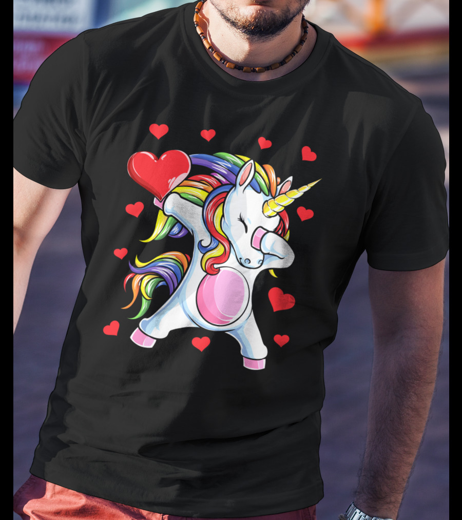 Valentines Day Dabbing Unicorn With Heart And Rainbow Mane T-Shirt