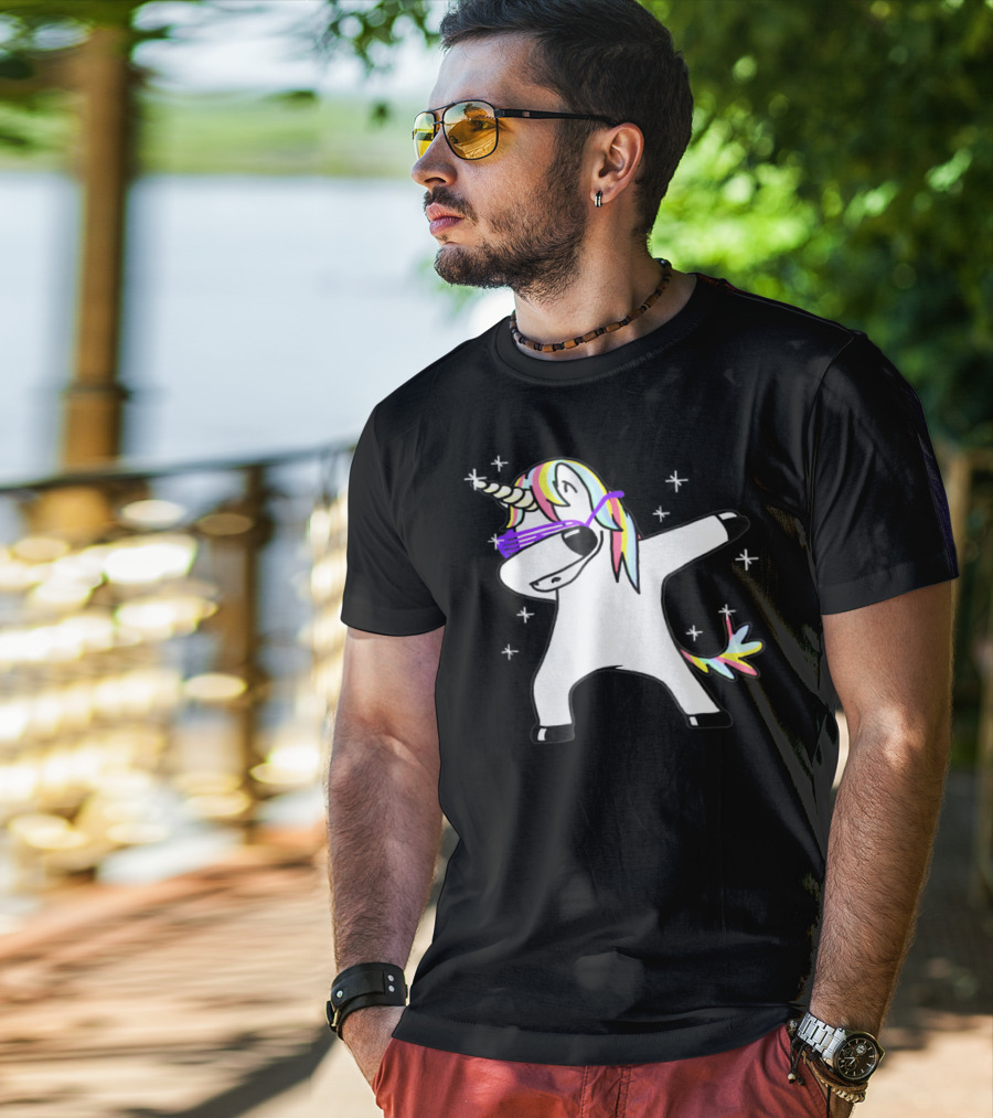 Dabbing Rainbow Unicorn With Sunglasses And Stars T-Shirt
