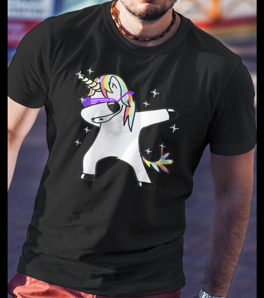 Dabbing Rainbow Unicorn With Sunglasses And Stars T-Shirt