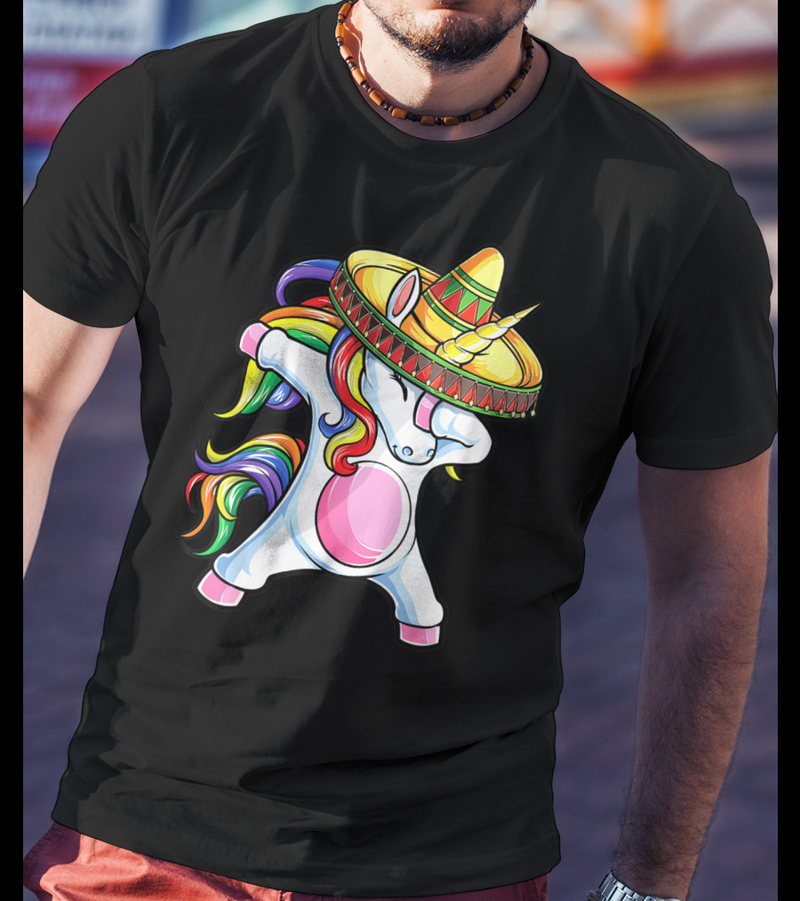 Dabbing Unicorn With Rainbow Hair And Sombrero Celebrating Cinco De Mayo T-Shirt