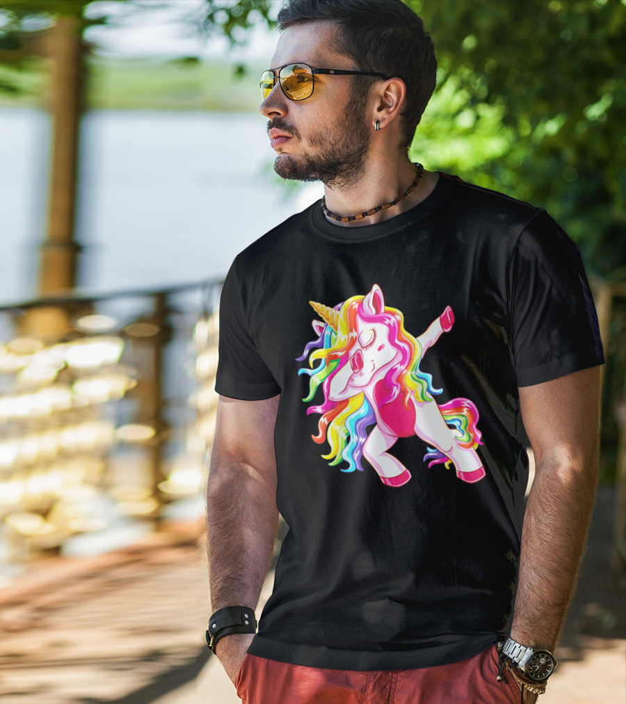 Dabbing Rainbow Unicorn With Long Hair Dab Dance T-Shirt