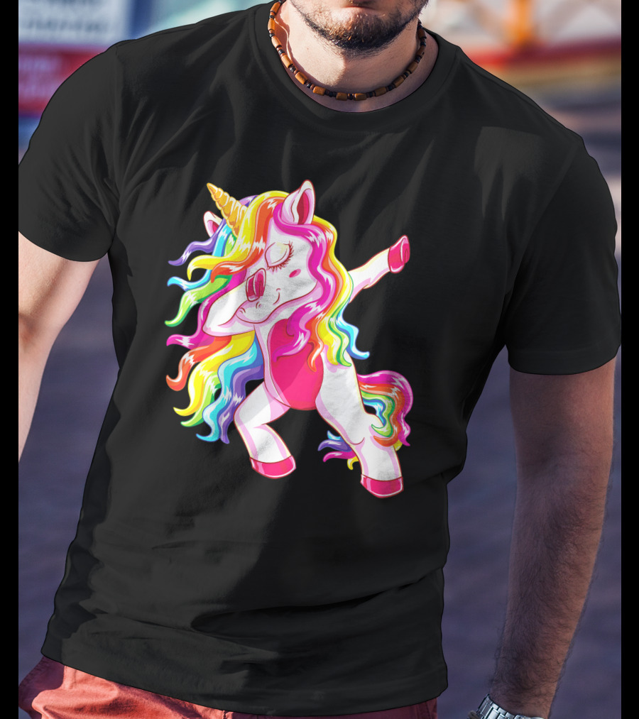 Dabbing Rainbow Unicorn With Long Hair Dab Dance T-Shirt