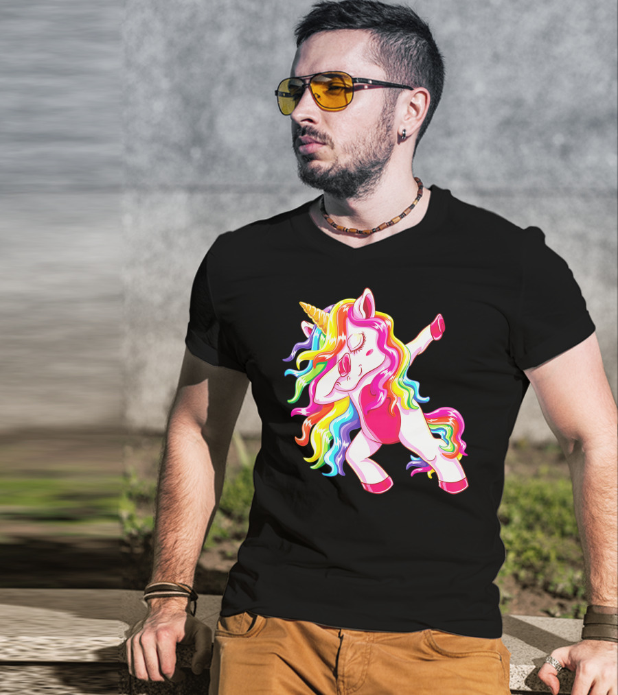 Dabbing Rainbow Unicorn With Long Hair Dab Dance T-Shirt