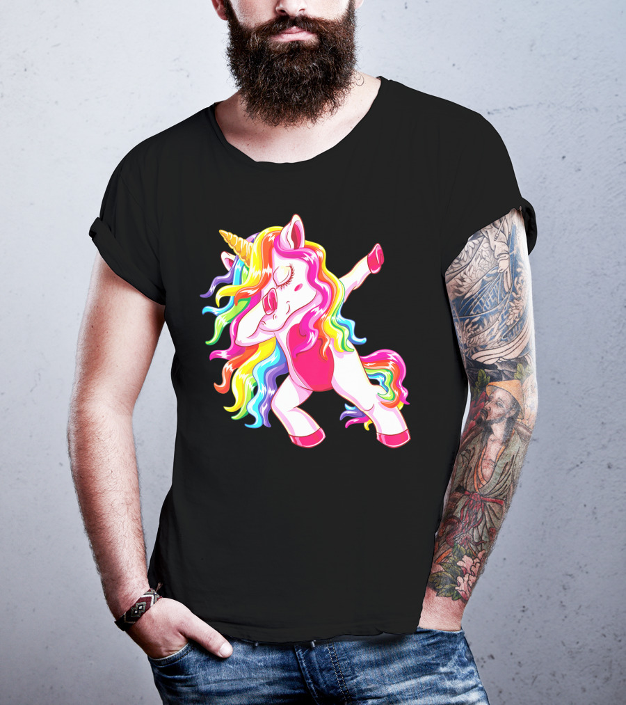 Dabbing Rainbow Unicorn With Long Hair Dab Dance T-Shirt
