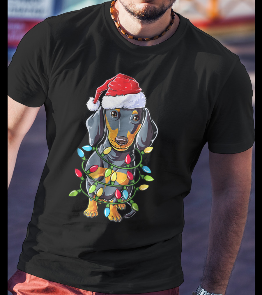 Dachshund Christmas Dog Wrapped In Santa Hat And Xmas Tree Lights T-Shirt