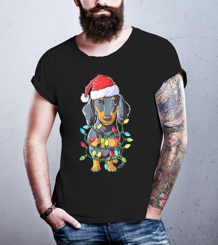 Dachshund Christmas Dog Wrapped In Santa Hat And Xmas Tree Lights T-Shirt